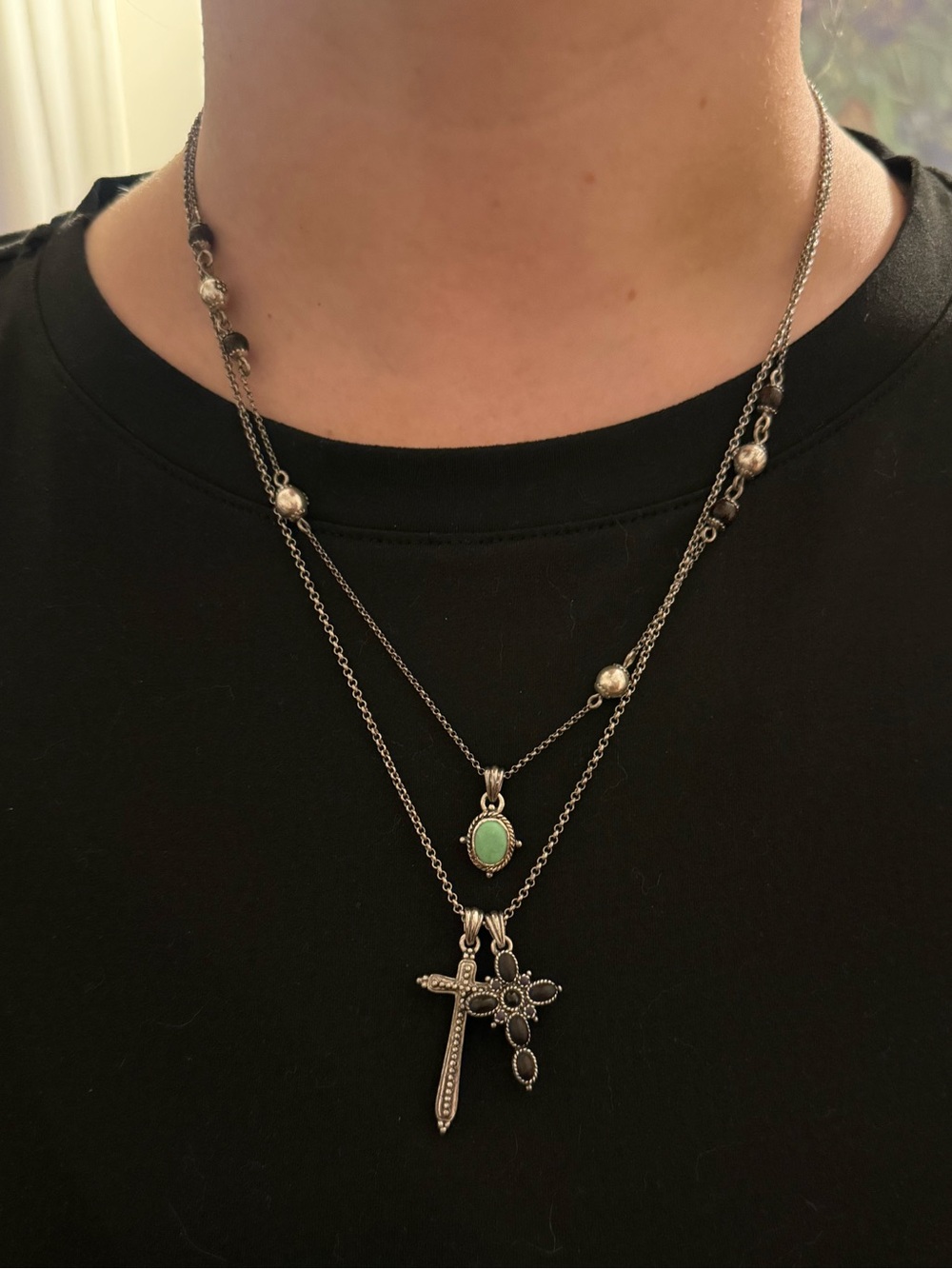 Lucky Brand Layered Cross & Turquoise Pendant Necklace - Silver/Teal